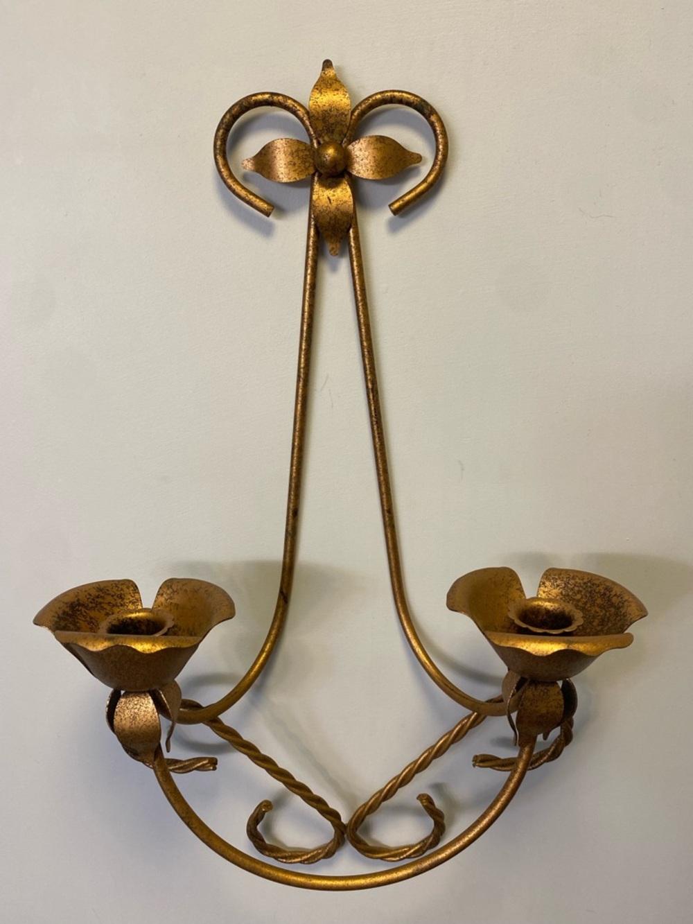 Vintage MCM Gold Metal Twisted Rope Double Wall Sconce Candle Holder
